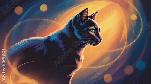 A high quality, detailed digital painting of a black cat sitting in profile, looking to the right.
