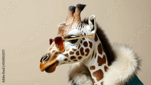 A giraffe wearing sunglasses and a fur coat poses against a neutral background. The animal has a playful expression, showcasing its unique features.