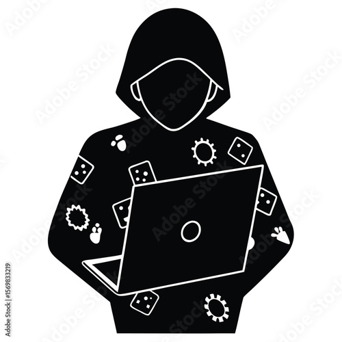 A Cyberpunk Coder's Silhouette Working on a Laptop With a Unique Hoodie Symbolizing Digital Realms and Technological Advancement