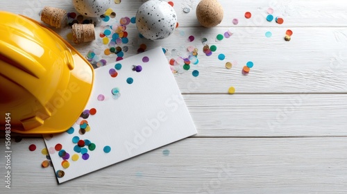Colorful confetti scattered around a yellow hard hat and blank card.