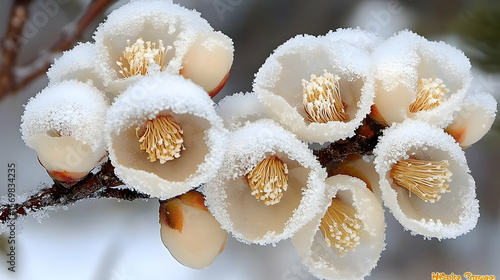 closeup of snow covered evergreen branch in forest