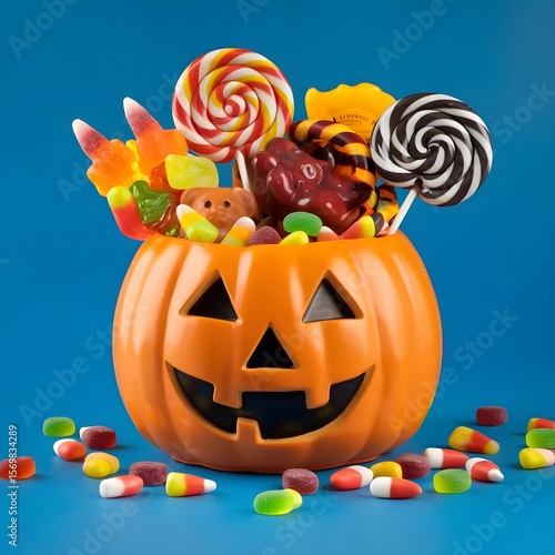 A photograph of a pumpkin bucket filled with Halloween candy, including lollipops, gummy bears, and candy corn, against a solid blue background.