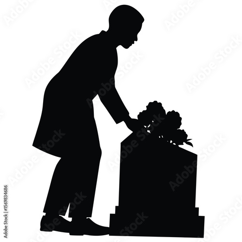 Mournful Silhouette A Solemn Moment of Remembrance at a Graveside with Flowers, Grief, and Loss in Black and White