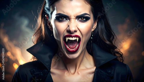 A furious female vampire with dramatic makeup and sharp fangs screams fiercely amidst a smoky, fiery background, evoking an intense Halloween atmosphere