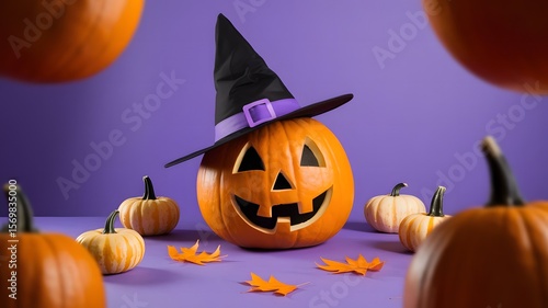 A photograph of a Halloween-themed jack-o'-lantern bucket filled with colorful candy, sitting on a purple surface against a purple background.