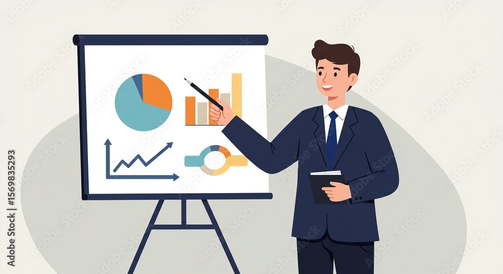 Man presenting business statistics and financial data with charts and graphs on a display board, demonstrating growth Man presenting business statistics and financial data with charts and graphs on a display board, demonstrating growth