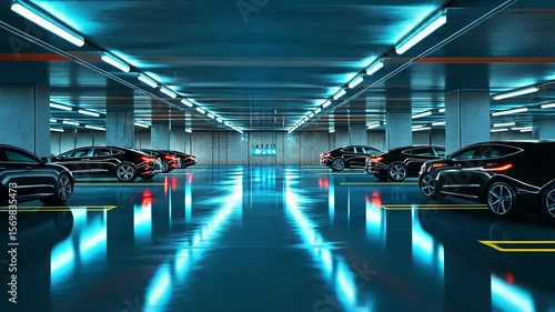 Sleek modern cars parked in a futuristic underground garage with vibrant lighting