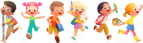Cartoon vector illustration of schoolchildren running with backpacks books and notebooks. Fun back to school scene with kids boys, girls elementary student characters. Children education collection.