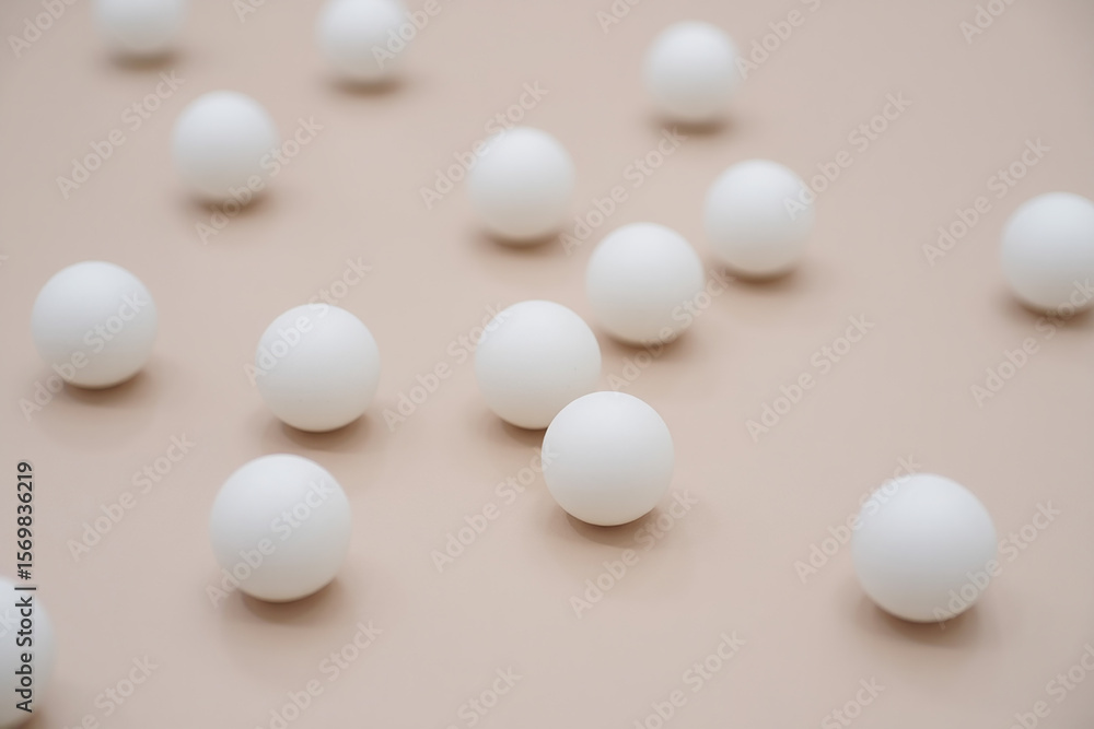 Scattered white spheres on a smooth beige surface Scattered white spheres on a smooth beige surface