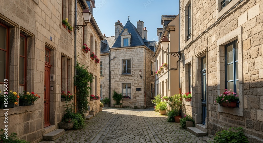 Obraz premium Walking through picturesque charming ancient cobblestone street lined with traditional stone buildings and vibrant flowers under bright sunny blue sky in beautiful historic