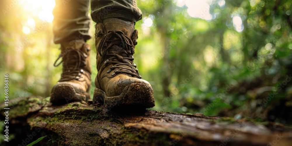 The boots standing on a log in a sunlit forest setting. The boots standing on a log in a sunlit forest setting.