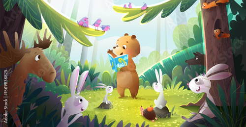 Magical wild forest scenery illustration for children fairy tale. Woodland wilderness setting. Peaceful forest clearing with sunlight and trees. Vector nature landscape scenery illustration for kids.