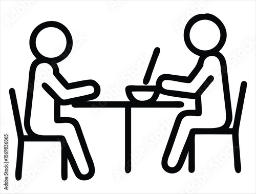 Two stick figures sitting at a table eating a meal together, with a bowl and spoon representing shared dining and companionship.