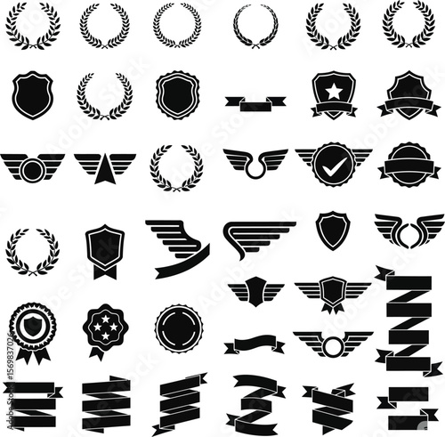 Collection of black laurels shields wings ribbons and badges icons
