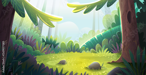 Magical wild forest scenery illustration for children fairy tale. Woodland wilderness setting. Peaceful forest clearing with sunlight and trees. Vector nature landscape scenery illustration for kids.