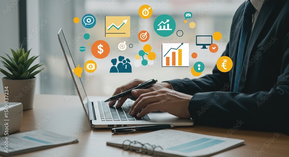 Executive analyzes data and business growth using a laptop in the office, surrounded by colorful icons showcasing market trends. Executive analyzes data and business growth using a laptop in the office, surrounded by colorful icons showcasing market trends.