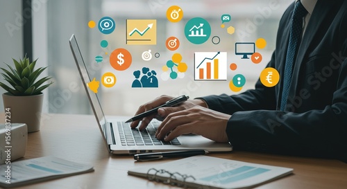 Executive analyzes data and business growth using a laptop in the office, surrounded by colorful icons showcasing market trends.