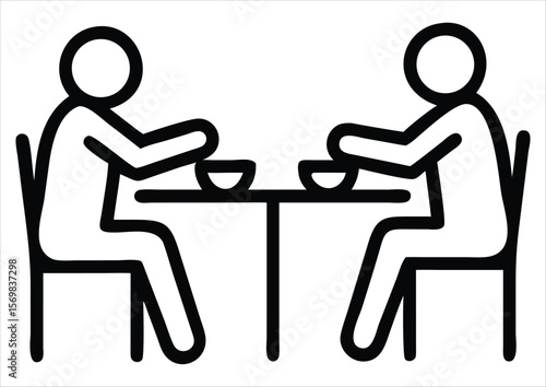 Two stick figures sitting at a table eating a meal together, with a bowl and spoon representing dining and companionship
