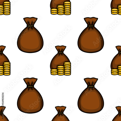 Seamless vector pattern of brown money bags and gold coins stacks, perfect for financial or treasure themed designs.