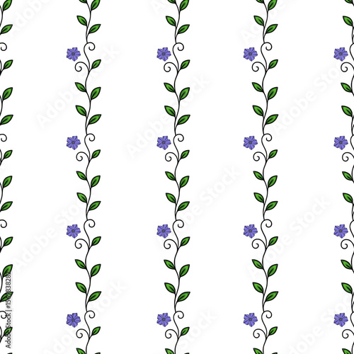 Seamless vector pattern of vertical floral vines with delicate purple flowers and green leaves, creating a charming and elegant design.