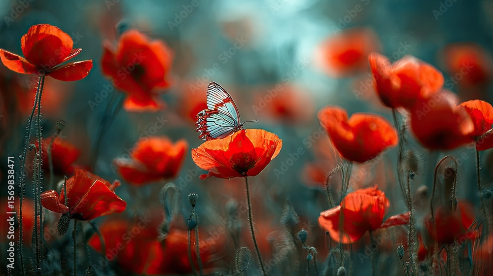 Obraz premium Butterfly on poppy field, soft light
