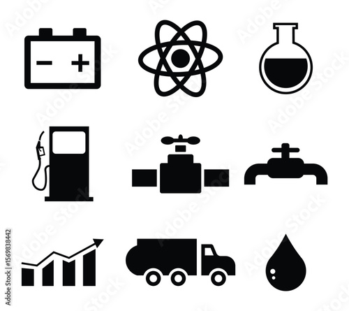 Oil and gas silhouette icon set. Containing refinery, lubricant, petroleum, gas station, pipeline, barrel, fuel, gas pump, natural reservoir, engine oil. Simple vector illustration.