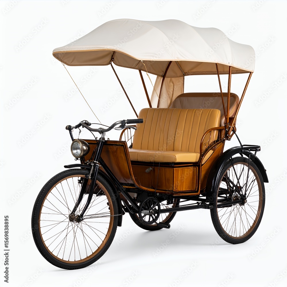 Fototapeta premium Vintage three wheeled motorized carriage, elegant design with canopy on white background