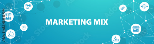 Marketing mix banner web icon for business and marketing, price, place, promotion, product, people and physical environment. Minimal vector infographic.