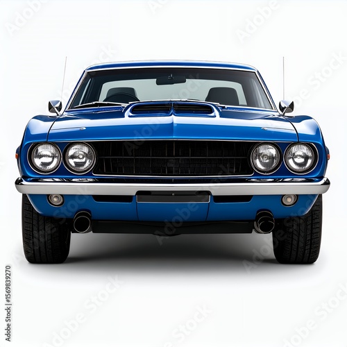 Captivating view of a lustrous blue vintage muscle car front grill and headlight on white background