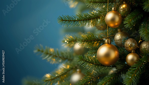 Christmas tree branches with gold balls isolated on blue background