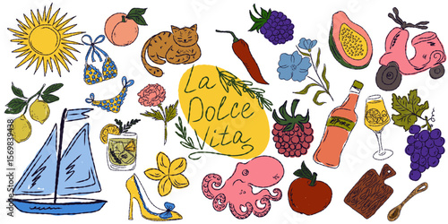 A whimsical set of hand-drawn sketches with splashes of color, Dolce Vita is inspired by the Mediterranean lifestyle. Includes food, drinks, flowers, summer decor and travel items.