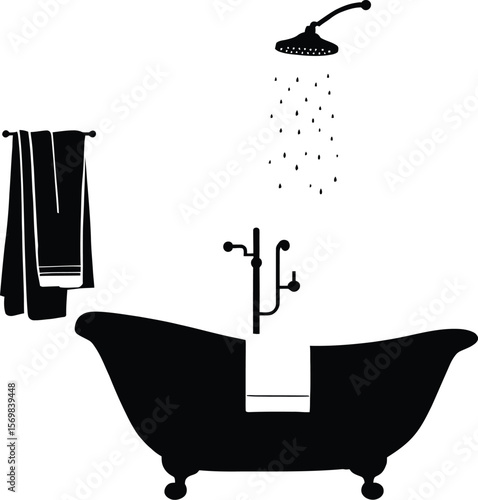 Fresh & Functional — Silhouette Illustration of Classic Clawfoot Bathtub with Central Faucet, Showerhead Spray, and Twin Towel Rack