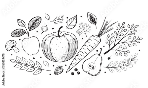 Hand-Drawn Fruits and Vegetables Sketch Healthy Eating Illustration
