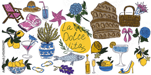 A whimsical set of hand-drawn sketches with splashes of color, Dolce Vita is inspired by the Mediterranean lifestyle. Includes food, drinks, flowers, summer decor and travel items.