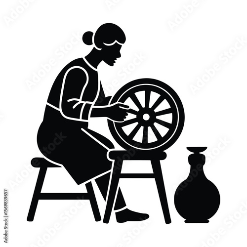 Potter Working on Wheel Silhouette Vector Illustration