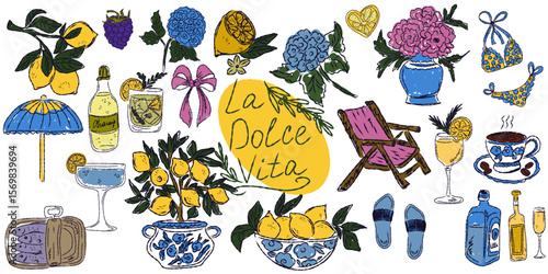 A whimsical set of hand-drawn sketches with splashes of color, Dolce Vita is inspired by the Mediterranean lifestyle. Includes food, drinks, flowers, summer decor and travel items.