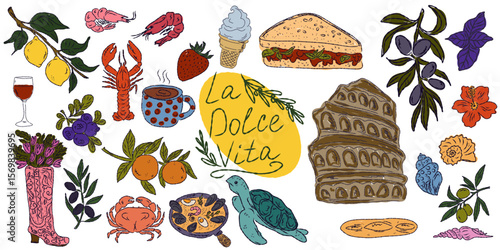 A whimsical set of hand-drawn sketches with splashes of color, Dolce Vita is inspired by the Mediterranean lifestyle. Includes food, drinks, flowers, summer decor and travel items.