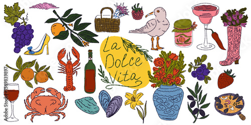 A whimsical set of hand-drawn sketches with splashes of color, Dolce Vita is inspired by the Mediterranean lifestyle. Includes food, drinks, flowers, summer decor and travel items.