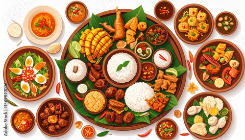 Overhead view of a platter filled with various Indonesian dishes, including rice, vegetables, meats, and sauces, arranged on a banana leaf.