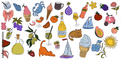 A whimsical set of hand-drawn sketches with splashes of color, Dolce Vita is inspired by the Mediterranean lifestyle. Includes food, drinks, flowers, summer decor and travel items.