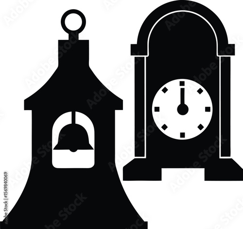 School bell and clock vector silhouette  