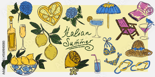 A whimsical set of hand-drawn sketches with splashes of color, Dolce Vita is inspired by the Mediterranean lifestyle. Includes food, drinks, flowers, summer decor and travel items.