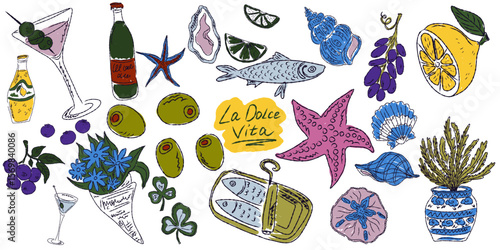 A whimsical set of hand-drawn sketches with splashes of color, Dolce Vita is inspired by the Mediterranean lifestyle. Includes food, drinks, flowers, summer decor and travel items.