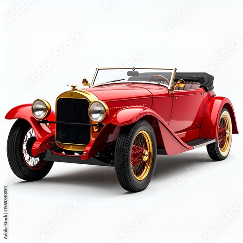 Captivating vintage red roadster with gold accents reflecting timeless sophistication on white background