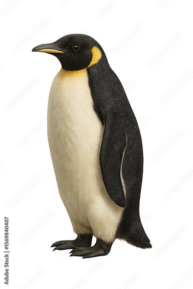 Obraz premium Realistic depiction of an Emperor penguin standing upright against a plain background for educational and creative use PNG die-cut for advertising