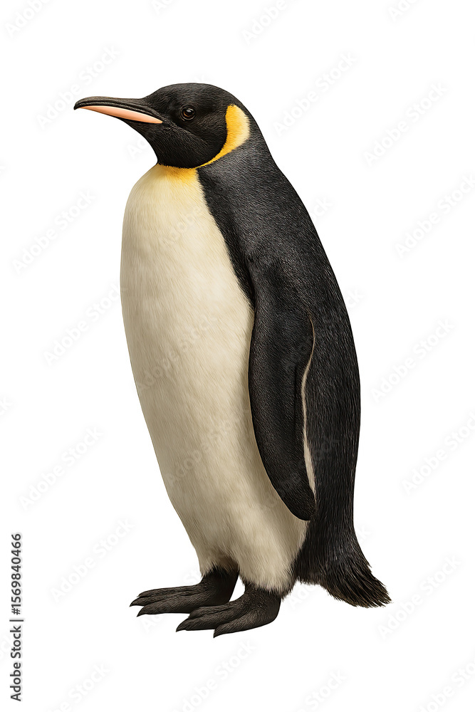 Fototapeta premium Majestic Emperor Penguin Standing Tall on White Background with Natural Plumage and Distinctive Yellow Patch PNG die-cut for advertising