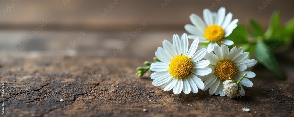 Obraz premium Delicate dried chamomile on aged wood; fresh flowers nearby , serenity, spa