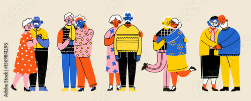 Cute elderly couples. Happy seniors together. Old men and women, spouses. Vector doodle cartoon illustration in flat style