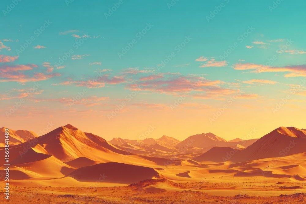 Naklejka premium A minimalist desert sunset landscape with a distant silhouette of mountains under a clear blue sky.