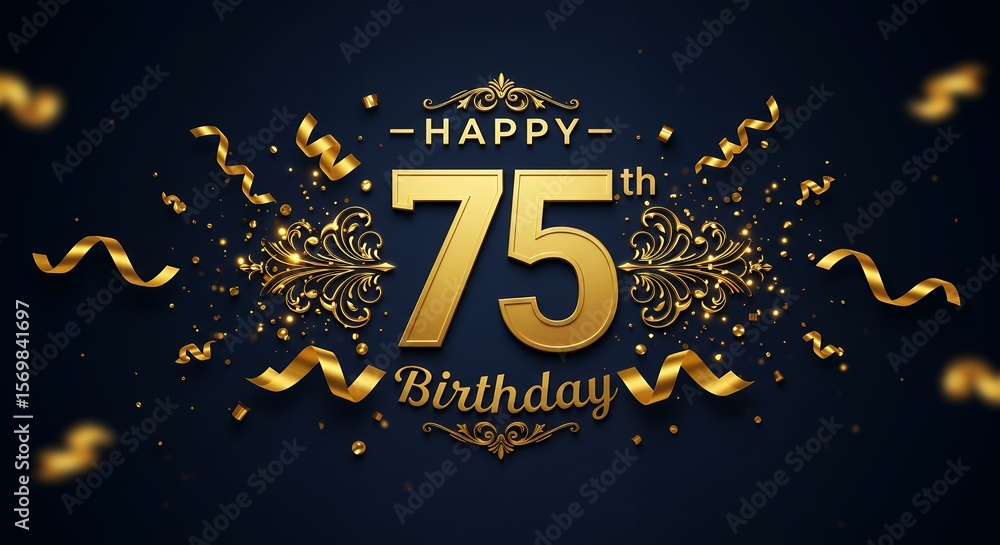 Fototapeta premium 75th Birthday with Gold Confetti and Ribbons